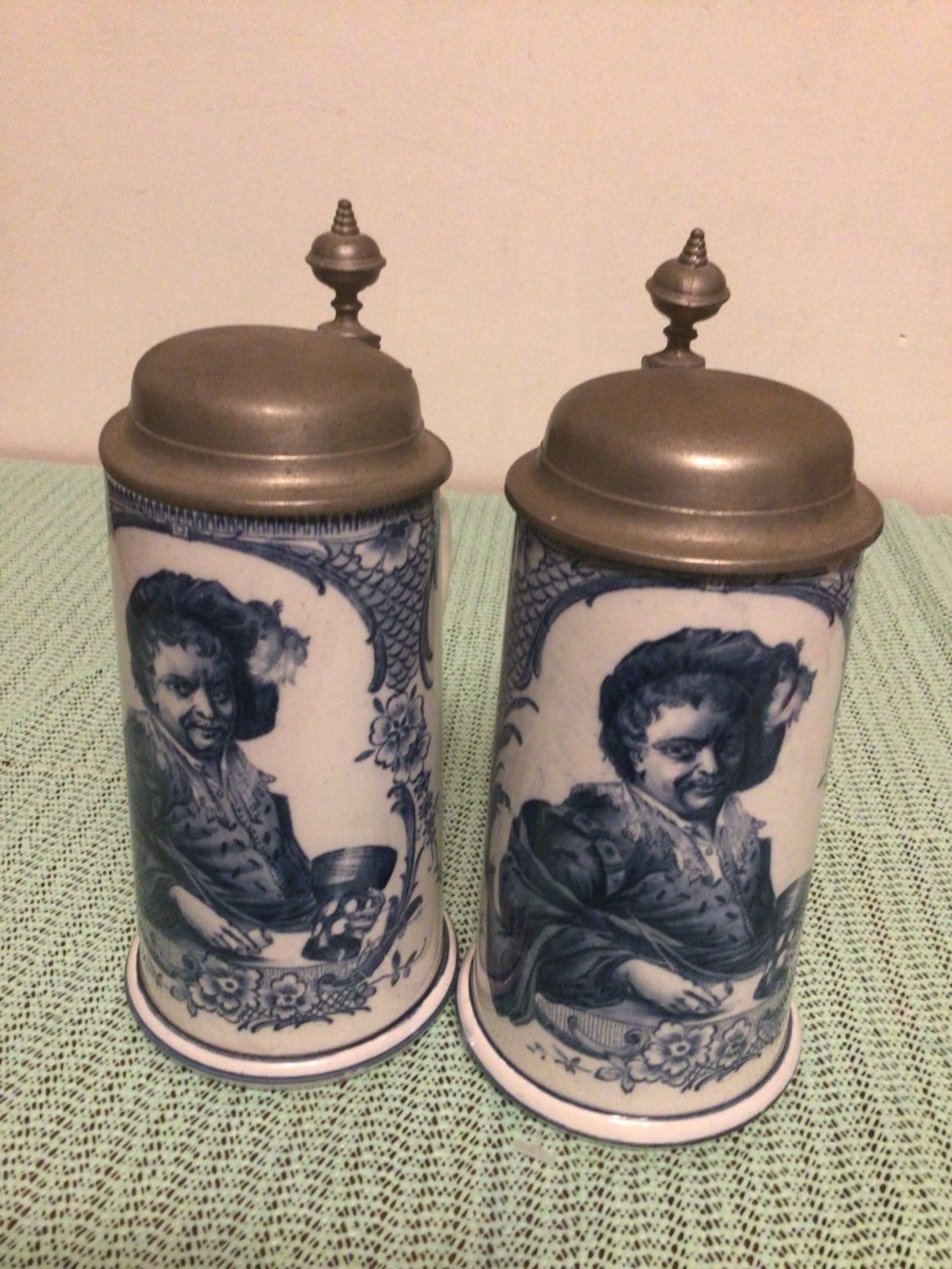Vintage  German ceramic beer stein with blue & white Deift style design